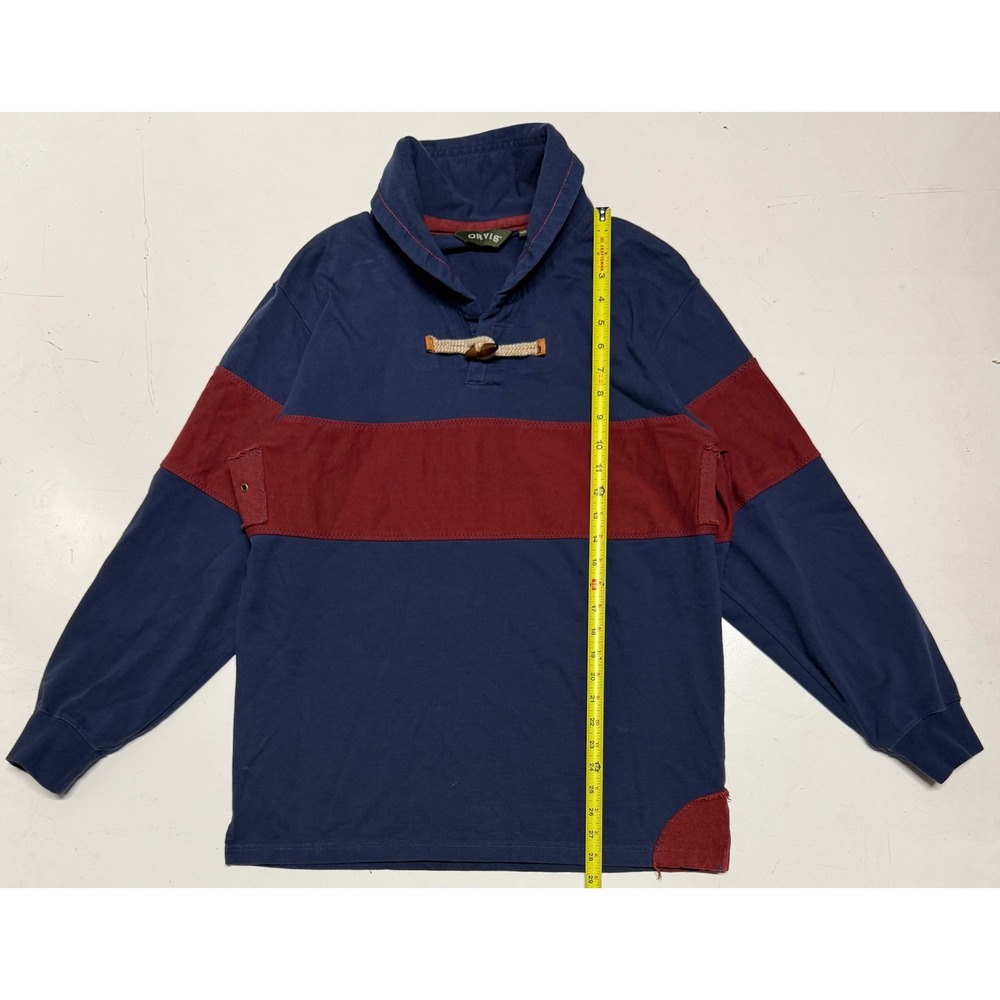 Orvis Mens Medium Navy Burgundy Colorblock Toggle Shawl Collar Long Sleeve Polo